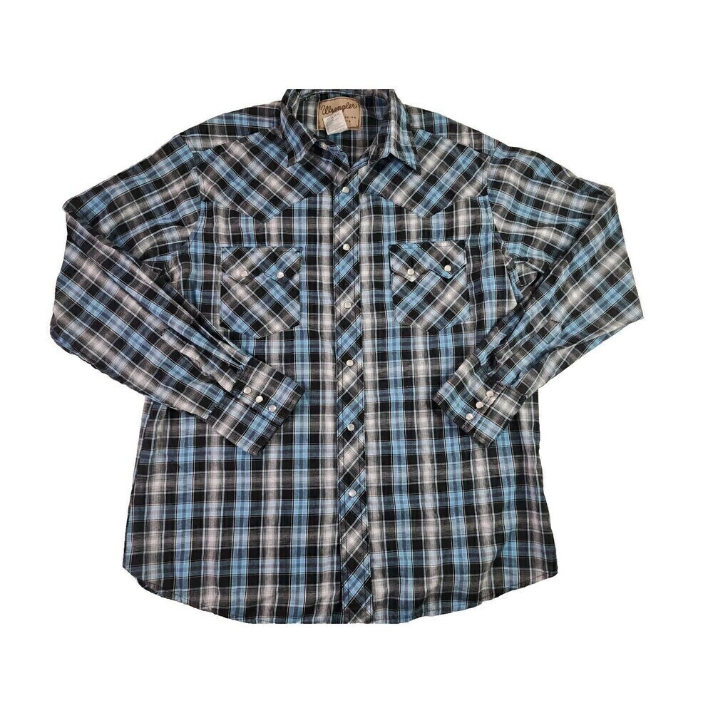 Wrangler Womens Western Shirt  Black/Teal Plaid Pearl Snap Collar Pocket SZ L